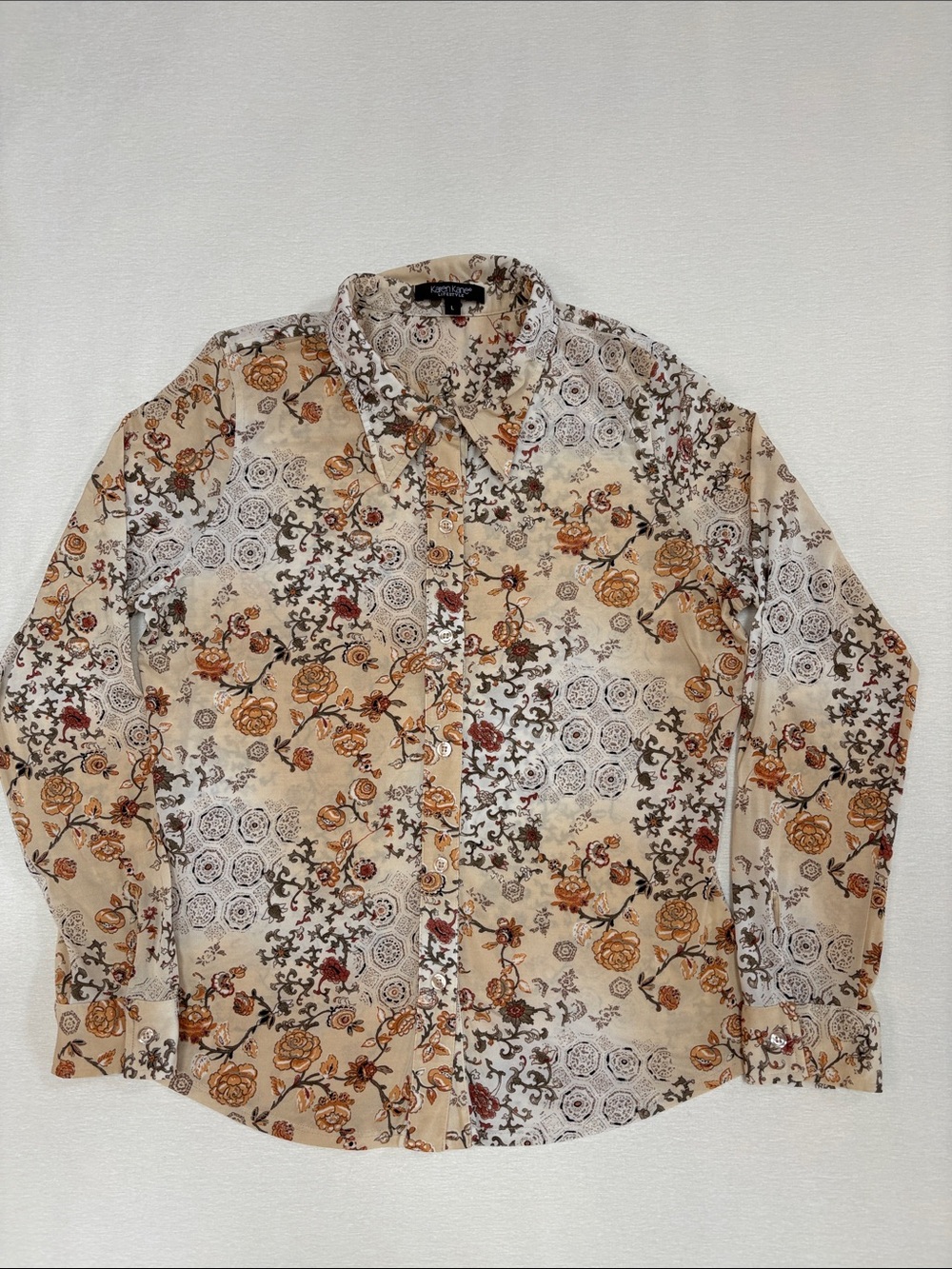Vintage Karen Kane Floral Damask Pattern Button down Shirt - silky feel